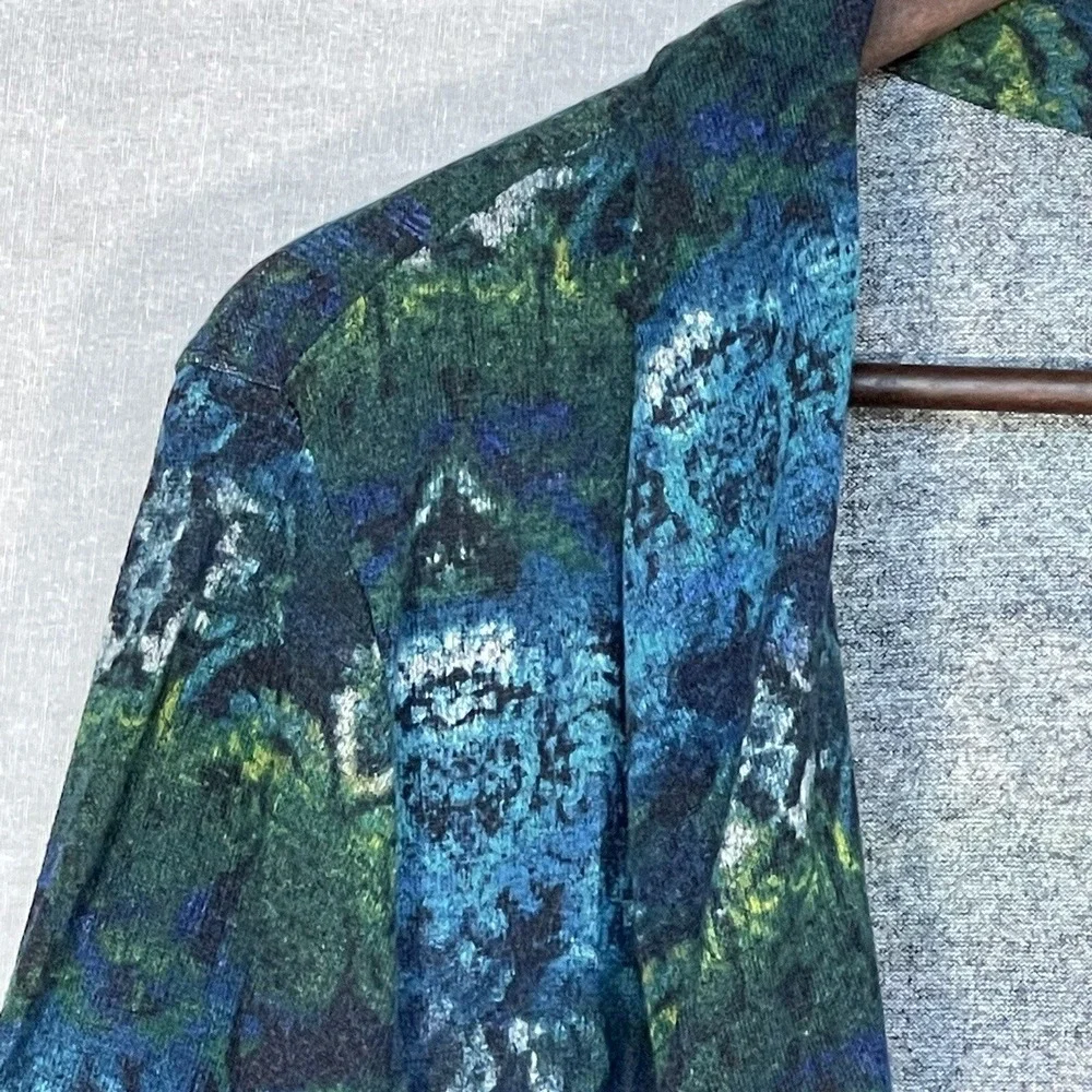 Susan Graver Cardigan Women M Blue Green Abstract Draped Shawl Collar Excellent